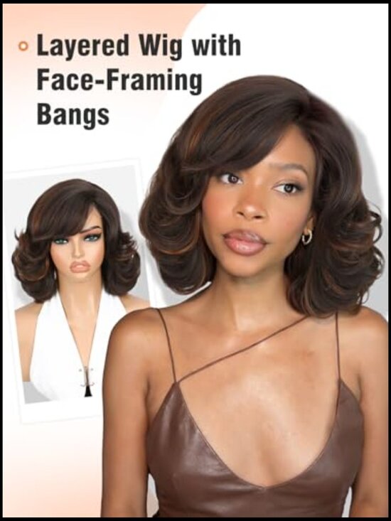 Short Curly Bob Wig with Bangs Layered Yaki Wavy Synthetic Heat Resistant main image 4